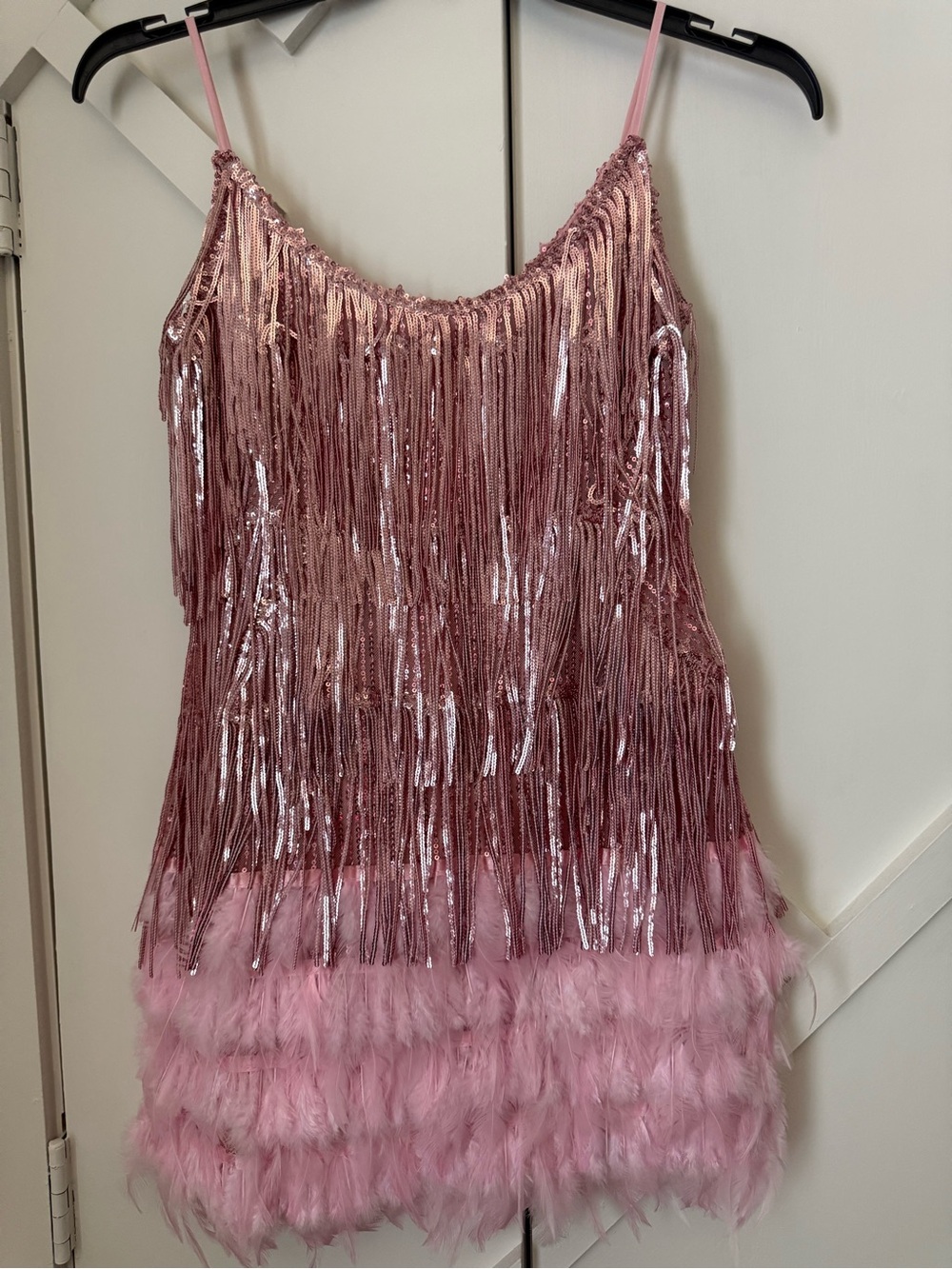 Sequin Fringe & Feather Mini Dress - Blush Pink